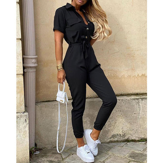 Damen Kurzarm-Utility-Overall mit Taillenbindegürtel und schmalem Joggerbein Nord Taschen