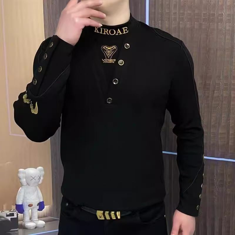 Herren Enganliegendes Langarmshirt mit Stehkragen, asymmetrischer Knopfleiste und Logo-Stick Nord Taschen