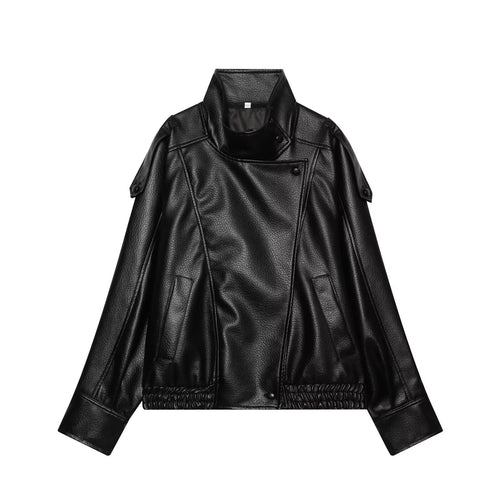 Damen Kurzjacke im asymmetrischen Biker‑Trenchstil aus veganer Lederoptik mit hohem Stehkragen Nord Taschen