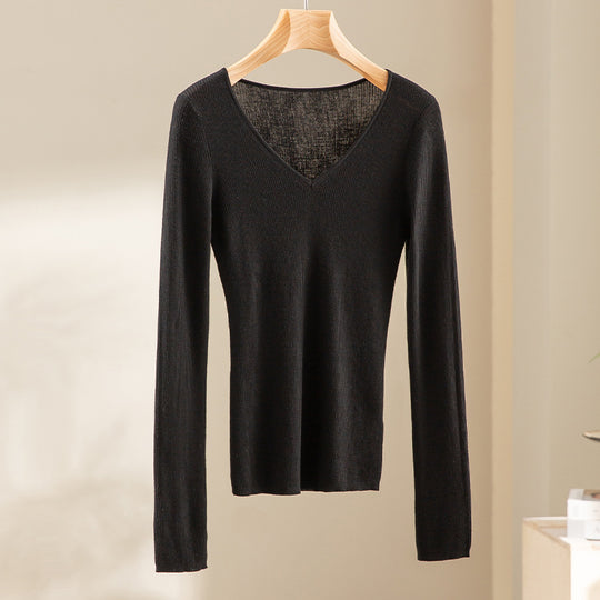 Damen Feiner gerippter Feinstrickpullover mit V-Ausschnitt und taillierter Silhouette Nord Taschen