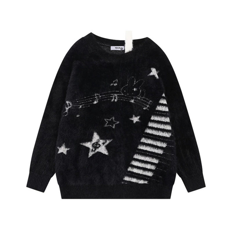 Damen Kuscheliger Strickpullover mit Cartoon-Noten- und Sternmotiv Nord Taschen