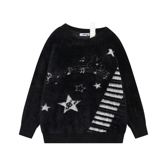 Damen Kuscheliger Strickpullover mit Cartoon-Noten- und Sternmotiv Nord Taschen