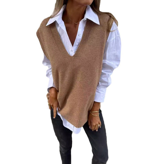 Damen lässiger Strickpullover mit V-Ausschnitt