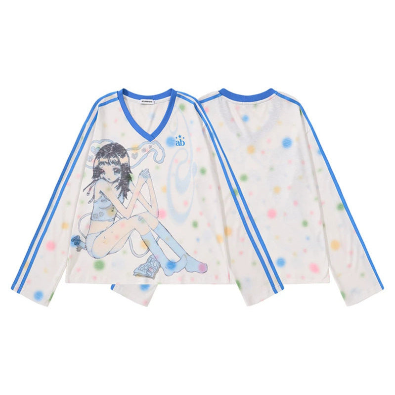 Damen Cropped Mesh-Longsleeve mit V-Ausschnitt, Anime-Print und Kontraststreifen Nord Taschen