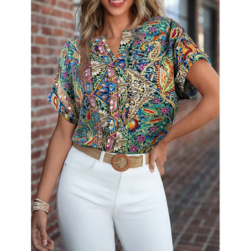 Damen Kurzarm Bluse mit buntem Druck und V-Ausschnitt