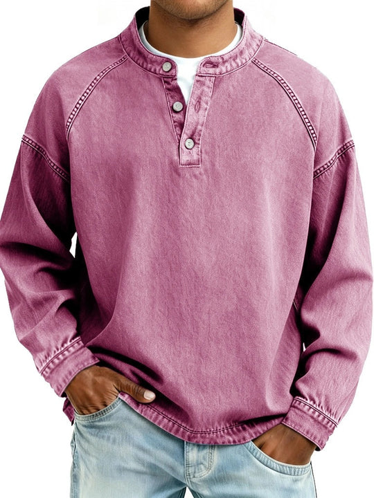 Herren Langarm-Henley Sweatshirt mit Stehkragen und Vintage-Denim-Effekt Nord Taschen