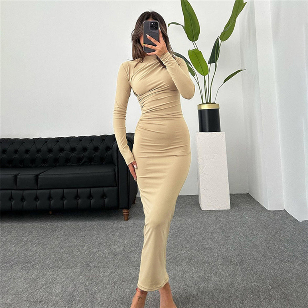 Damen figurbetontes Maxikleid mit hohem Kragen und seitlicher Raffung Nord Taschen