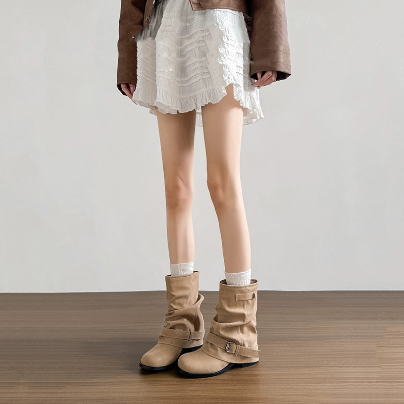 Damen Modische Stiefeletten mit lässigem Falten-Design und eleganter Schnallenverzierung Nord Taschen