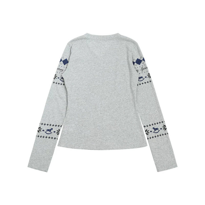 Damen Langarmshirt mit V-Ausschnitt und skandinavischem Norwegerprint aus Baumwollmix Nord Taschen