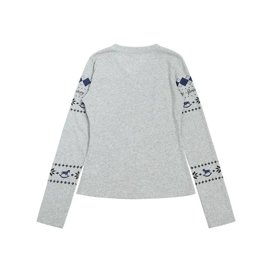 Damen Langarmshirt mit V-Ausschnitt und skandinavischem Norwegerprint aus Baumwollmix Nord Taschen