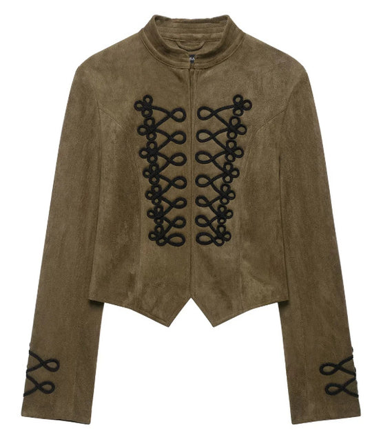 Damen Kurz geschnittene Wildlederjacke im Military‑Look mit Stehkragen und dekorativer Kordelfrosch‑Applikation Nord Taschen