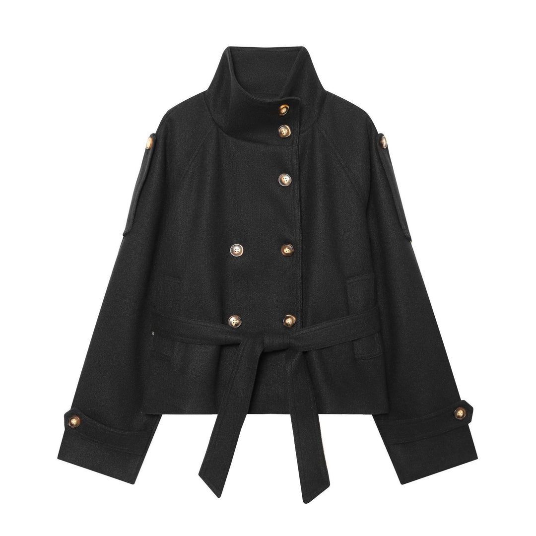 Damen Kurzer Wollcape-Mantel mit doppelreihiger Knopfleiste, hohem Stehkragen und Taillengürtel Nord Taschen