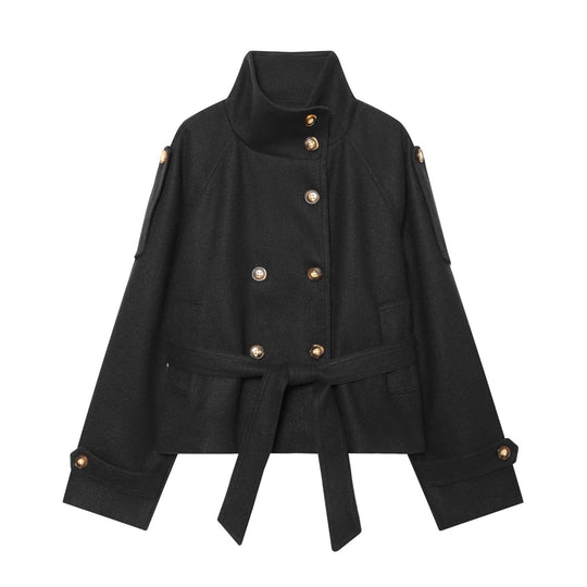 Damen Kurzer Wollcape-Mantel mit doppelreihiger Knopfleiste, hohem Stehkragen und Taillengürtel Nord Taschen
