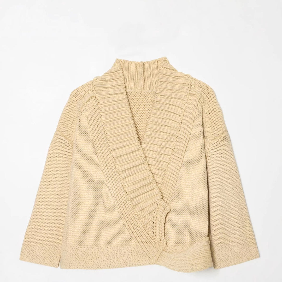 Damen Wickel-Strickcardigan mit Schalkragen, Bindegürtel und Häkelärmeln Nord Taschen