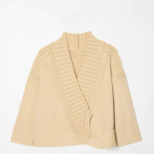 Damen Wickel-Strickcardigan mit Schalkragen, Bindegürtel und Häkelärmeln Nord Taschen