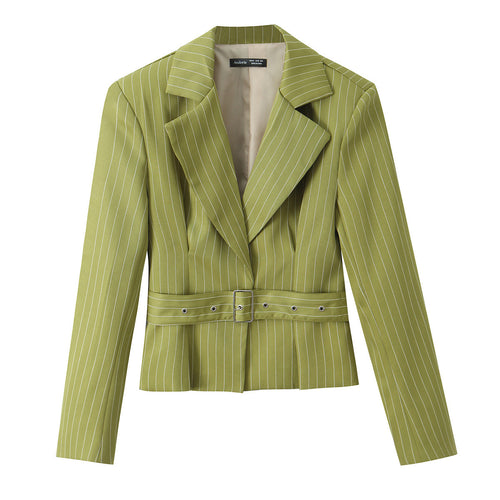 Damen Taillierter Cropped-Blazer mit Nadelstreifen, breitem Bindegürtel und tiefem Revers Nord Taschen