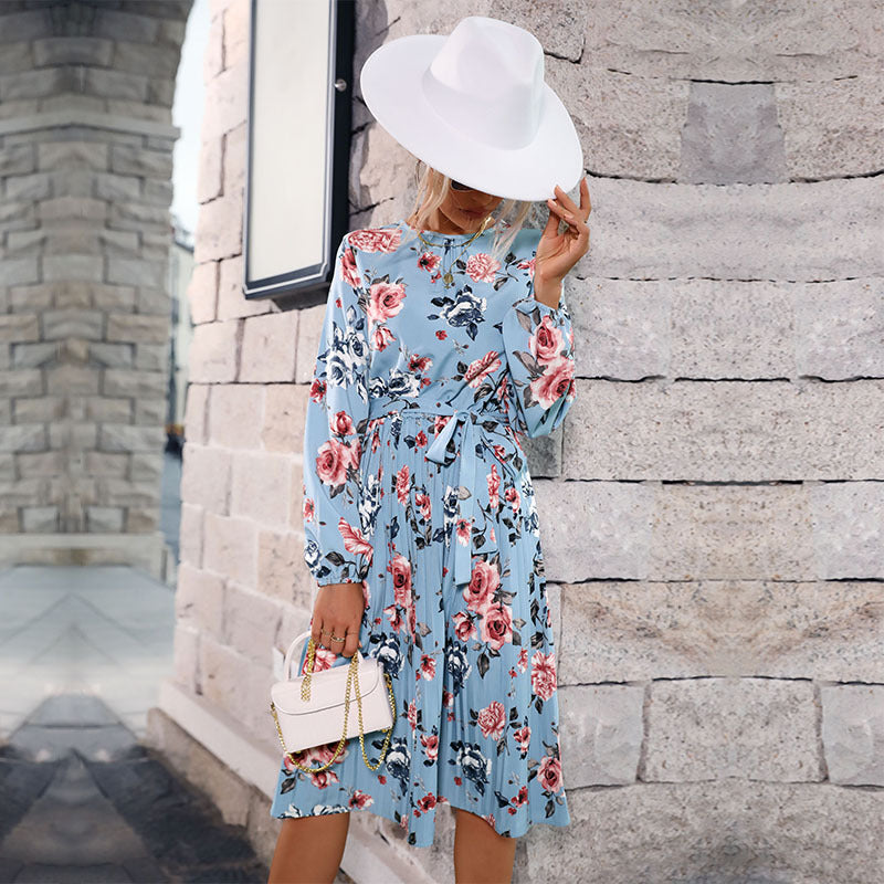 Damen Midikleid mit Blumenprint, plissiertem Rockteil und tailliertem Bindegürtel Nord Taschen