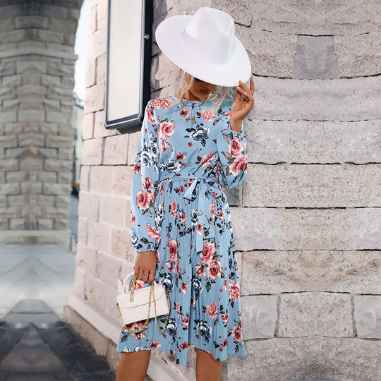 Damen Midikleid mit Blumenprint, plissiertem Rockteil und tailliertem Bindegürtel Nord Taschen