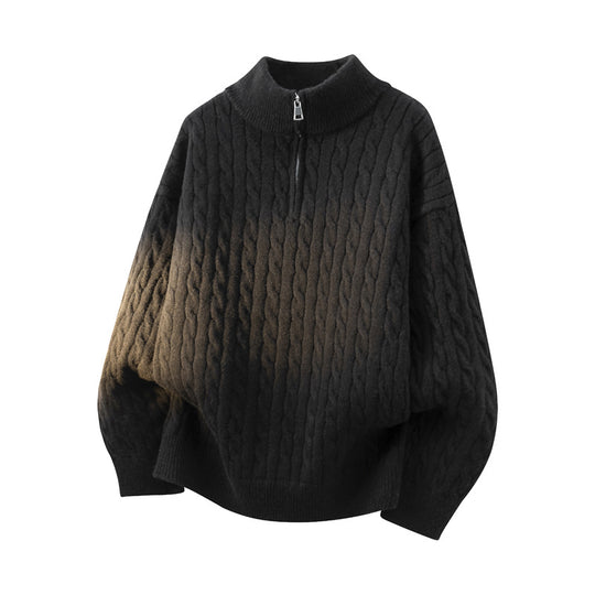 Damen Grobgestrickter Half-Zip Pullover mit Zopfmuster und Stehkragen Nord Taschen