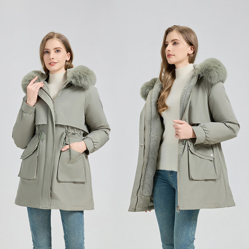 Damen nan taillierter Thermo-Parka mit abnehmbarer Kunstpelzkapuze, weichem Teddyfutter und verstellbarem Tunnelzug Nord Taschen
