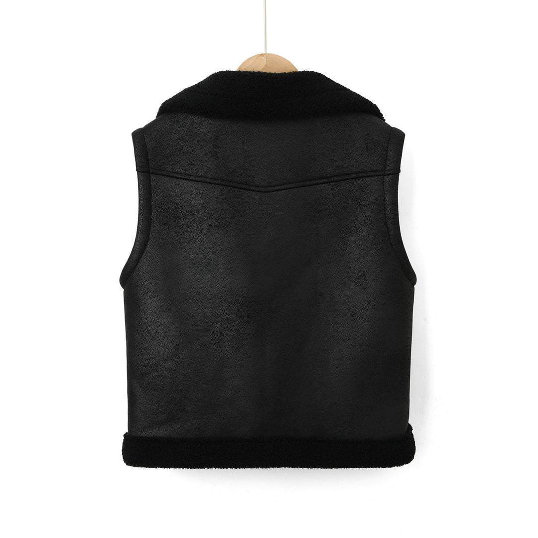 Damen Ärmellose Biker‑Weste aus Lammfelloptik mit Taillengürtel Nord Taschen