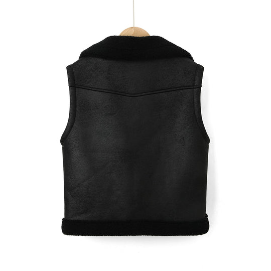 Damen Ärmellose Biker‑Weste aus Lammfelloptik mit Taillengürtel Nord Taschen