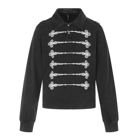 Damen Pullover im Military-Style mit Polokragen, dekorativen Frogging‑Applikationen und Epauletten Nord Taschen
