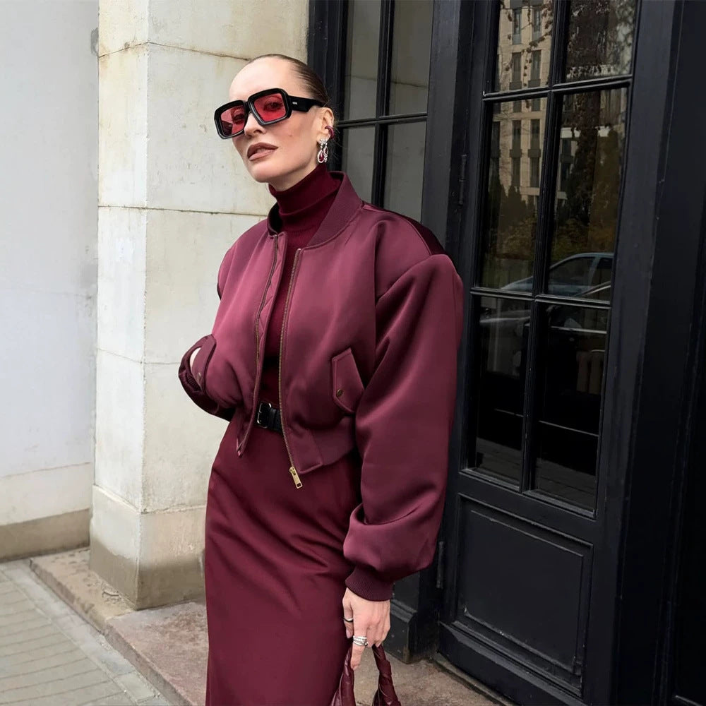 Damen Kurzer Satin‑Bomber mit kastiger Silhouette, Pattentaschen und elastischem Bündchen Nord Taschen