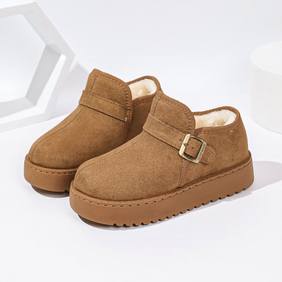 Damen Gefütterte Kurzschaft-Stiefel in Wildleder-Optik mit Plateau und Schnallenriemen Nord Taschen
