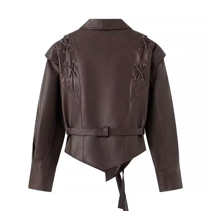 Damen Kurzblazer-Lederjacke mit Schalkragen, Taillengürtel und Schnürdetail Nord Taschen