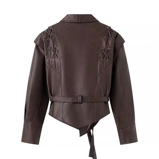Damen Kurzblazer-Lederjacke mit Schalkragen, Taillengürtel und Schnürdetail Nord Taschen