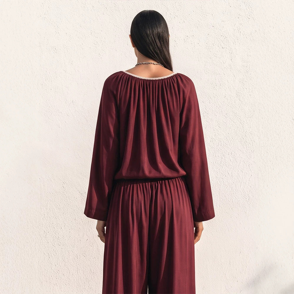 Damen Fließendes zweiteiliges Loungewear-Set aus Seidenoptik mit weiter Palazzohose und geraffter Tunika Nord Taschen