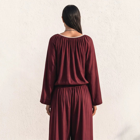 Damen Fließendes zweiteiliges Loungewear-Set aus Seidenoptik mit weiter Palazzohose und geraffter Tunika Nord Taschen