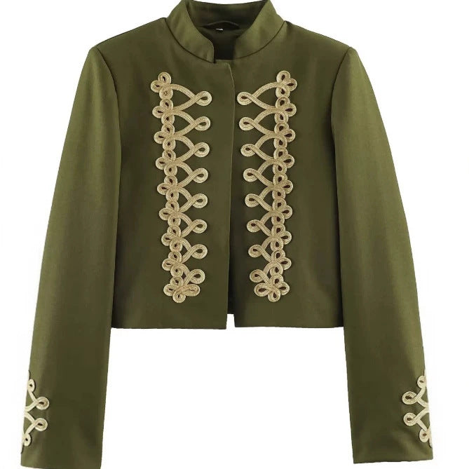 Damen Cropped Militärjacke mit Stehkragen und dekorativen Zierkordeln Nord Taschen