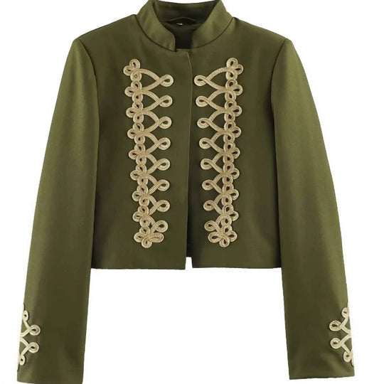 Damen Cropped Militärjacke mit Stehkragen und dekorativen Zierkordeln Nord Taschen