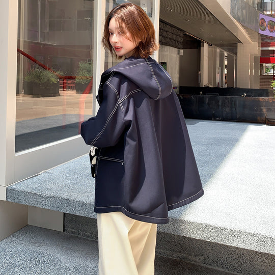 Damen Oversize-Übergangsjacke mit weitem Matrosenkragen und Kontrastnähten Nord Taschen