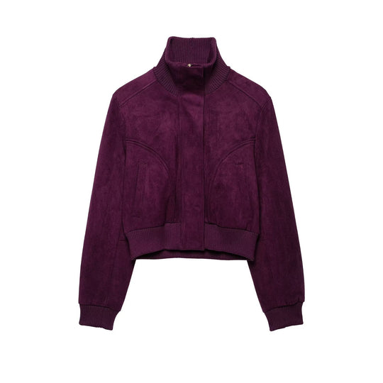Damen Cropped Veloursjacke im Bomberstil mit hohem Rippkragen und Taillenbündchen Nord Taschen