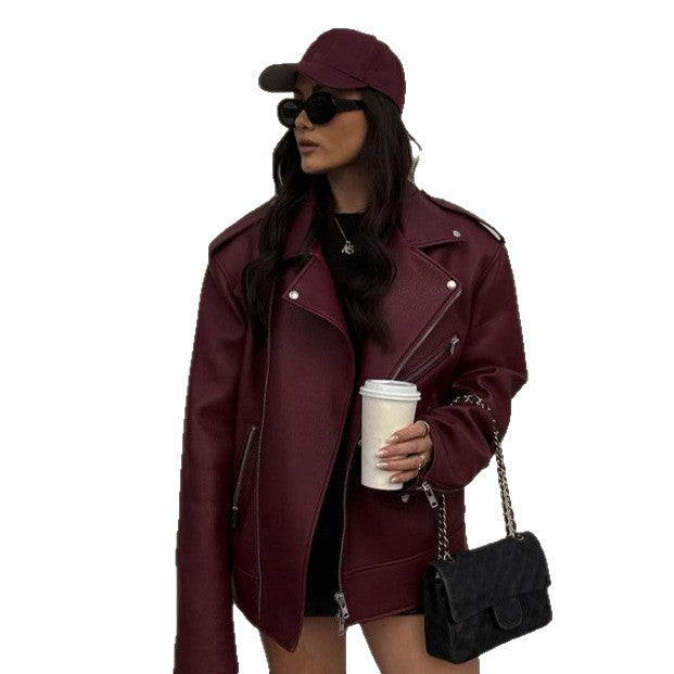 Damen Oversize Bikerjacke aus Struktur-Kunstleder mit asymmetrischem Reißverschluss Nord Taschen