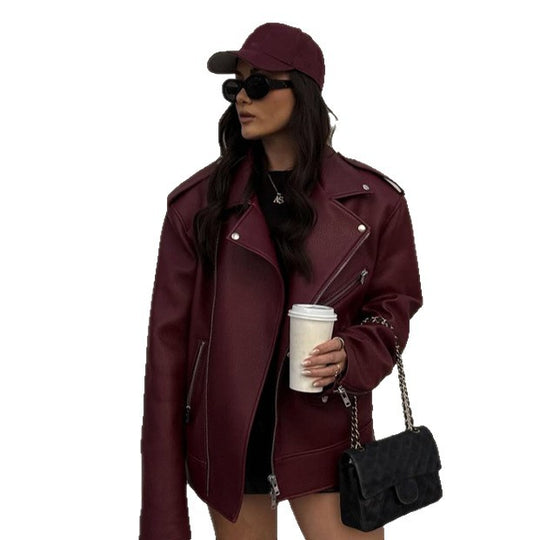 Damen Oversize Bikerjacke aus Struktur-Kunstleder mit asymmetrischem Reißverschluss Nord Taschen