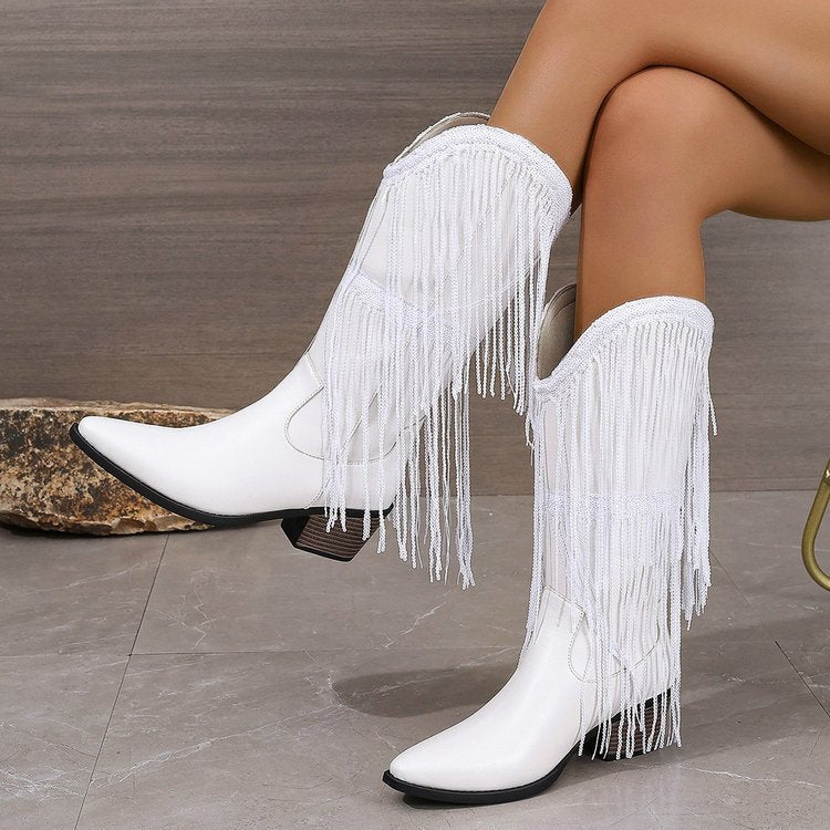 Damen nan kniehohe Fransen-Cowboystiefel mit feiner Perlenfransen-Verzierung und geformtem Blockabsatz Nord Taschen