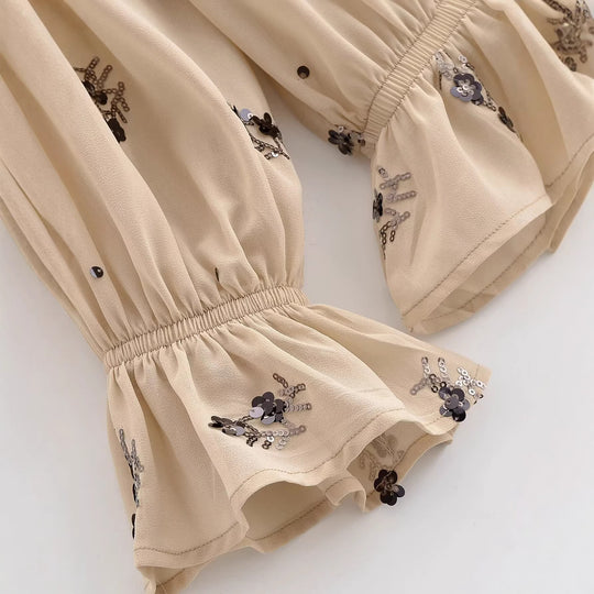Damen Chiffonbluse mit floraler Pailletten-Stickerei, Stehkragen und geraffter Taillenpasse Nord Taschen