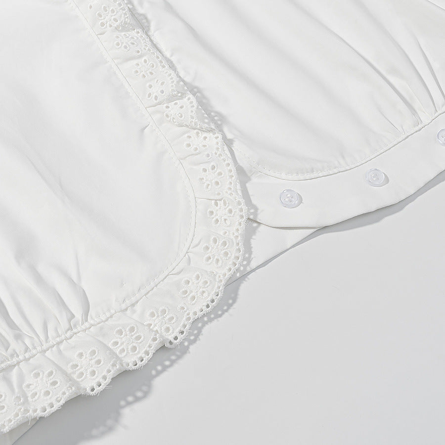 Damen Kurzbluse mit Broderie-Anglaise‑Besatz, Stehkragen und geraffter Taillenpartie Nord Taschen