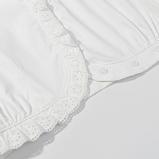 Damen Kurzbluse mit Broderie-Anglaise‑Besatz, Stehkragen und geraffter Taillenpartie Nord Taschen