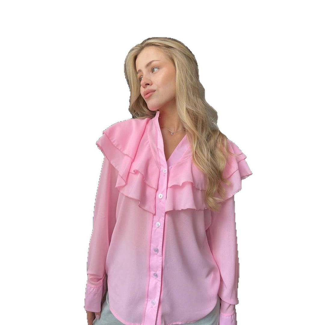Damen Chiffon-Bluse mit mehrlagiger Volant-Rüsche und Perlmuttknöpfen Nord Taschen
