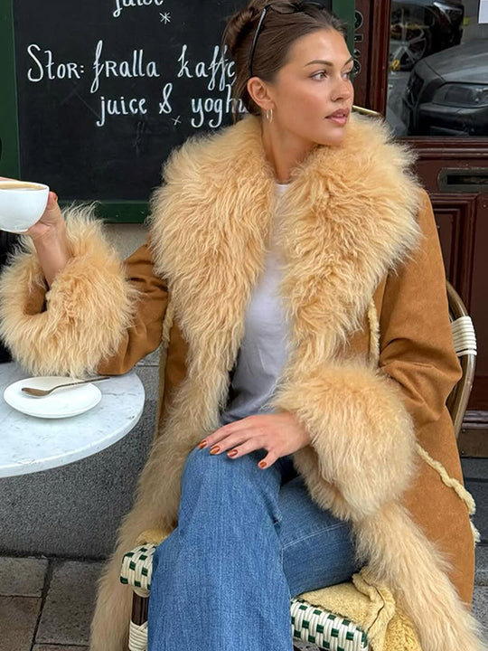 Damen Langer Shearling‑Imitatmantel mit voluminösem Schalkragen und Plüschmanschetten Nord Taschen