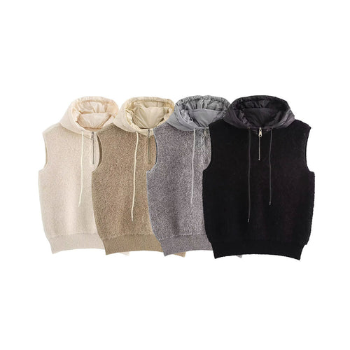 Damen Ärmellose Strickweste mit gesteppter Kapuze und halbem Reißverschluss Nord Taschen