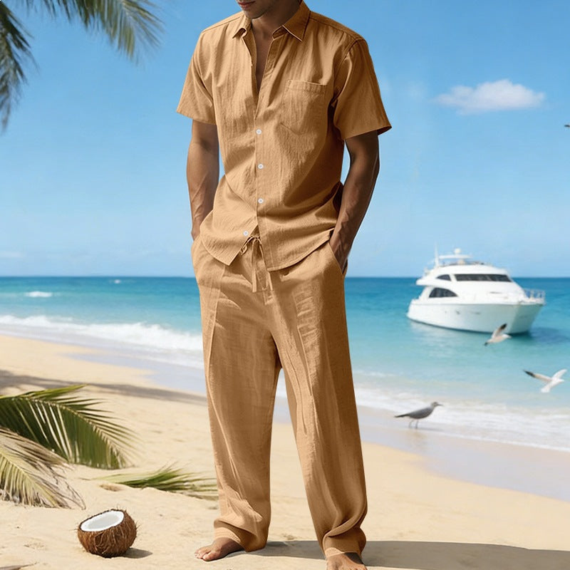 Herren nan resort-taugliches Kurzarm-Hemd mit Brusttasche und lässiger Leinen-Kordelhose