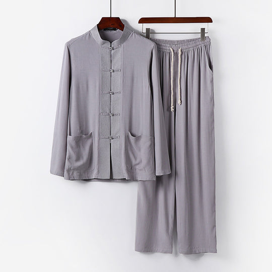Herren Traditionelles Baumwoll-Loungewear-Set mit Stehkragen Knotenknöpfen und Kordelbundhose Nord Taschen