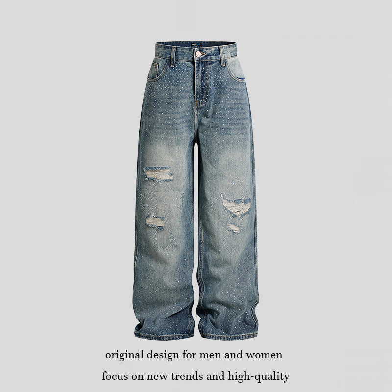 Damen Weite High‑Waist Denim-Palazzo-Jeans mit Destroyed-Details und Strassbesatz Nord Taschen