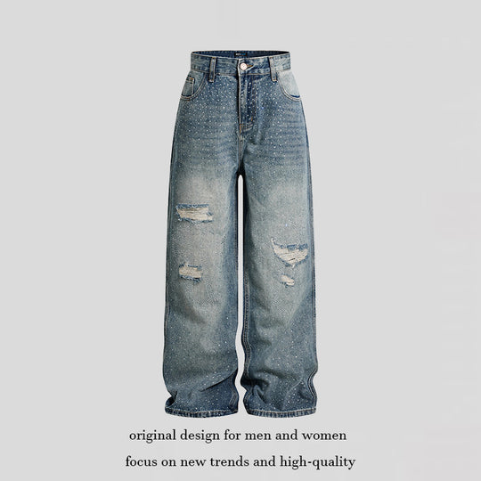 Damen Weite High‑Waist Denim-Palazzo-Jeans mit Destroyed-Details und Strassbesatz Nord Taschen
